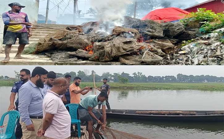 আখাউড়ায় তিতাস নদী থেকে অবৈধ জাল জব্দ